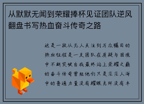 从默默无闻到荣耀捧杯见证团队逆风翻盘书写热血奋斗传奇之路